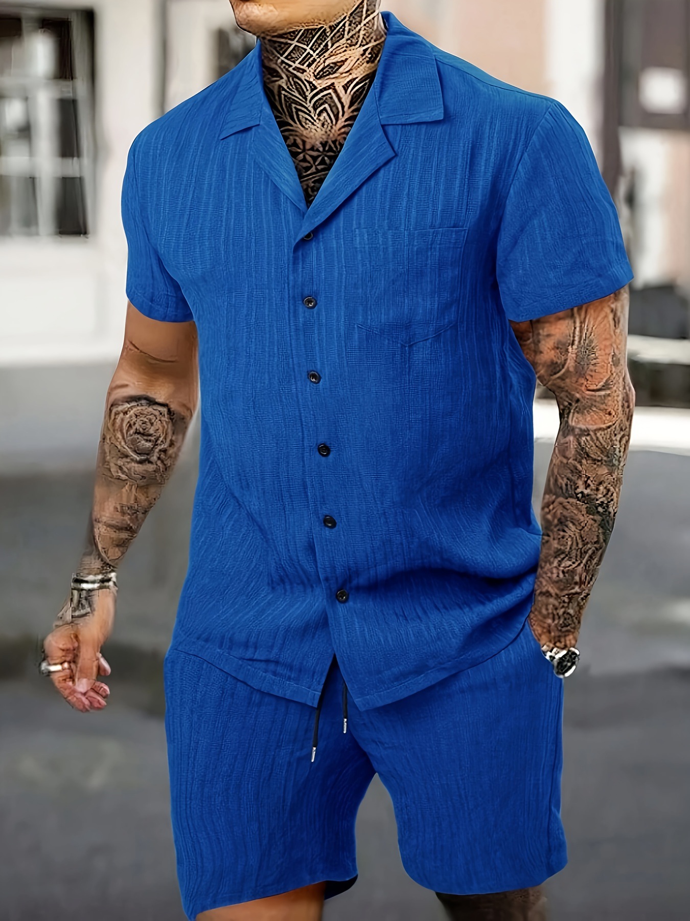 Lässiges Herren Hemd Und Shorts Set Mit Rüschentaschen_voghion.com