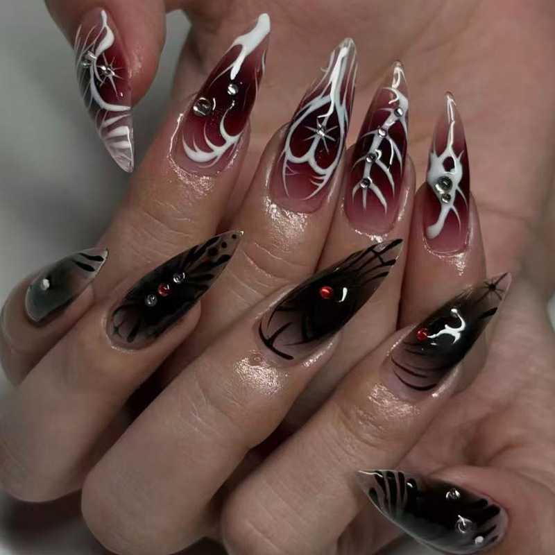 Cross-border dark gothic style hand-painted wearable nails, burgundy gradient pointed nails, cool style with rhinestones, finished fake nails Cross-border dark gothic style hand-painted wearable nails, burgundy gradient pointed nails, cool style with rhinestones, finished fake nails