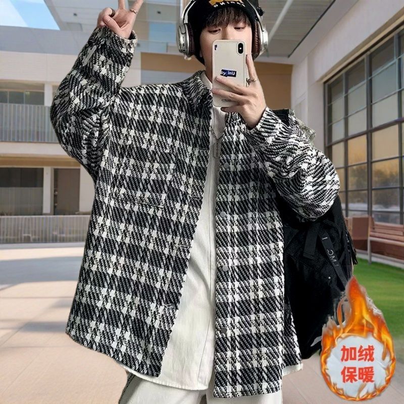 美式复古格子衬衫男潮长袖冬季宽松休闲情侣大码加绒保暖衬衣外套