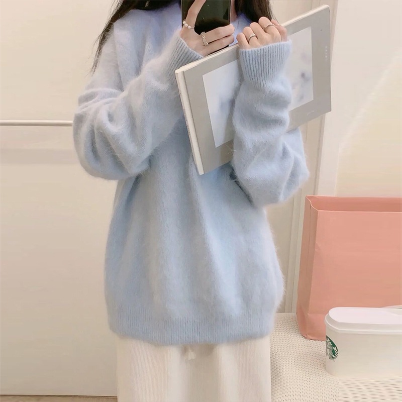 紫色套头毛衣女秋冬外穿宽松慵懒风圆领上衣年新款针织衫加厚|undefined