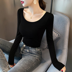 黑色低領內搭打底衫女早秋長袖恤領露背緊身春秋薄款上衣