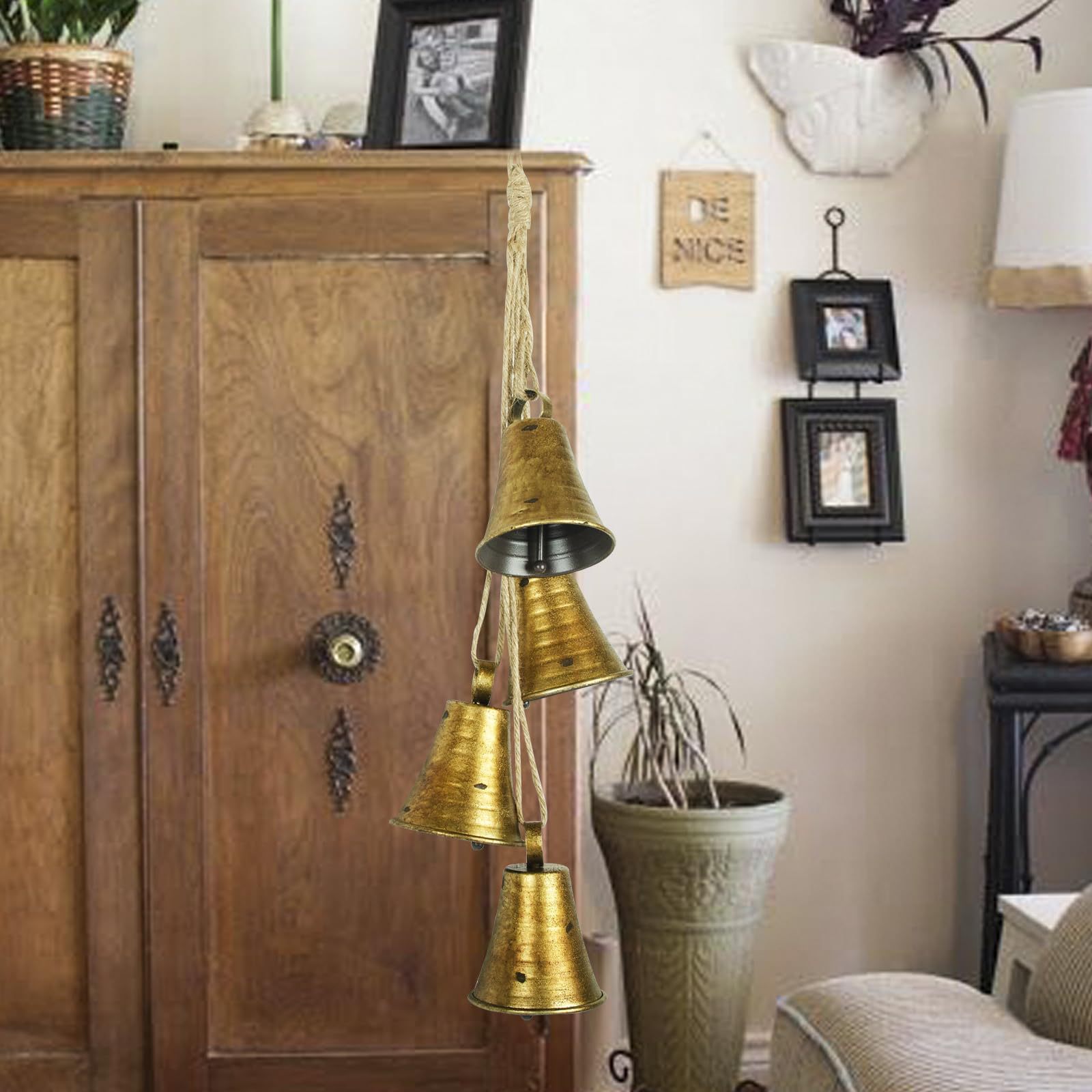 Christmas bell ornaments, hemp rope pendants, home decoration, door hanging wind chimes, custom-made golden four-piece set