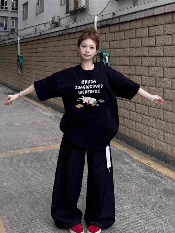 美式潮牌黑色短袖t恤女2025新款夏季宽松休闲oversize设计感上衣|undefined