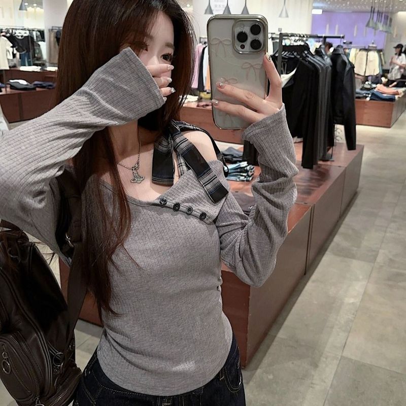 甜辣简约休闲百搭设计感小众蝴蝶结系带长袖T恤女不规则露肩上衣|undefined
