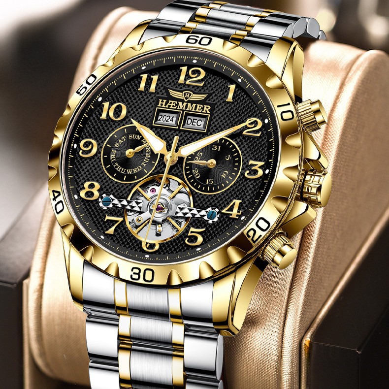 Đồng hồ nam automatic lộ máy dây thép — Dải thép đen, Dải thép trắng