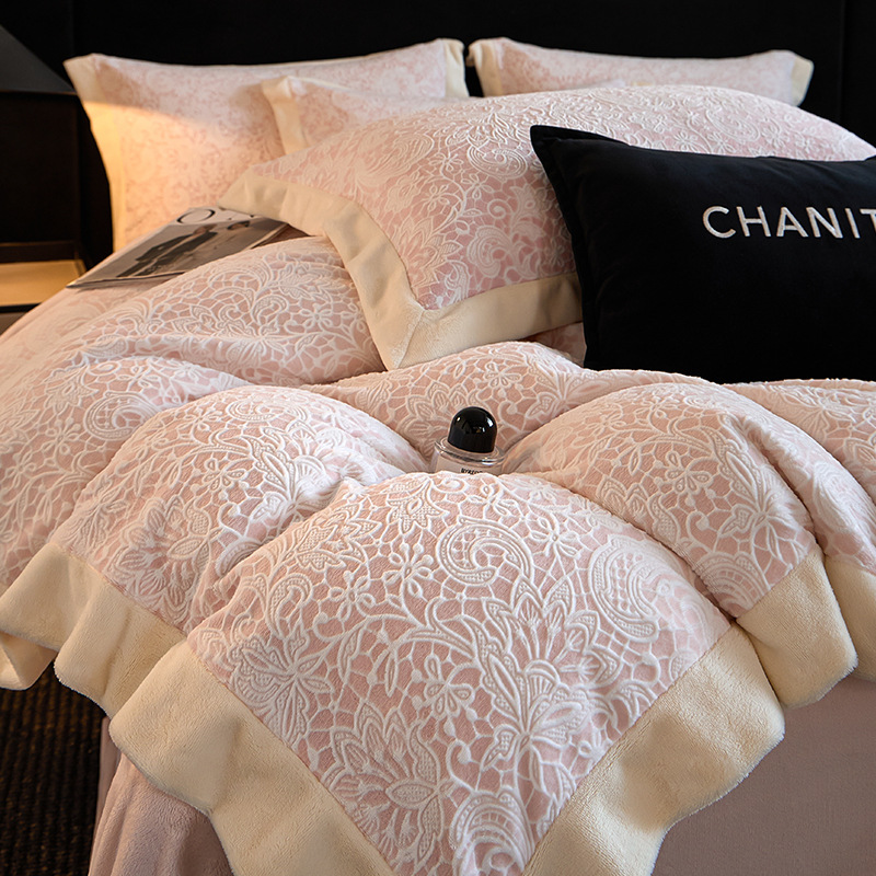 Invierno de lana tallada leche edredón una sola pieza engrosado nuevo coral flange edredón sábanas de cuatro piezas conjunto