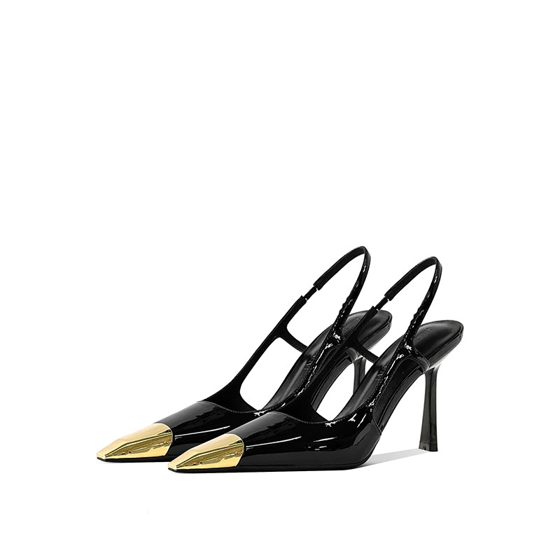 В наличии: Новые летние женские сандалии с квадратным металлическим носком, открытой пяткой, сексуальные, из черной лакированной кожи, на высоком каблуке с металлическим носком.