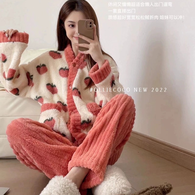 乌龙桃睡衣女可外穿珊瑚绒套装女士家居服保暖加绒家居睡衣女秋冬|undefined