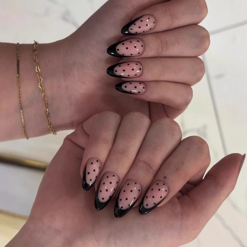 European and American Cross-Border Long-Length Glossy Almond-Shaped Nail Art with High-End Elegant Simple French Polka Dot Design, Wholesale Nail Tips