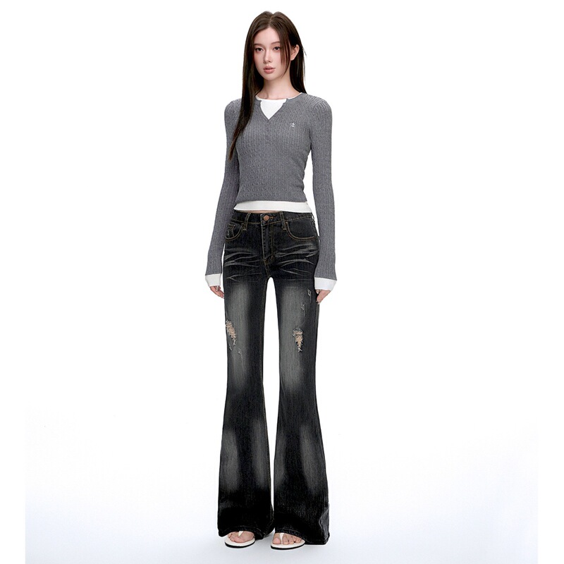 American-Style Vintage Black Low-Waist Stretch Flared Jeans for Women, Autumn Boyfriend Style, Slim Fit, Drapey, Floor-Length Bootcut Pants American-Style Vintage Black Low-Waist Stretch Flared Jeans for Women, Autumn Boyfriend Style, Slim Fit, Drapey, Floor-Length Bootcut Pants