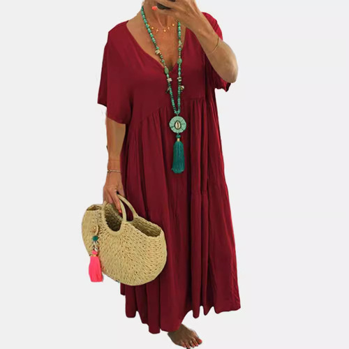 2025 Spring/Summer European and American Style WISH Amazon V-Neck Irregular Multi-Color Multi-Size Long Flared Dress with Short Sleeves