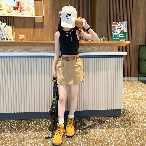 Girls, middle and older children's suits, fashionable and casual, 2024 summer new style, round neck vest, straight A-line skirt, trendy