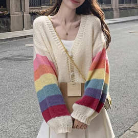 多巴胺彩虹针织开衫外套上衣女春秋新款宽松慵懒风chic毛衣外穿