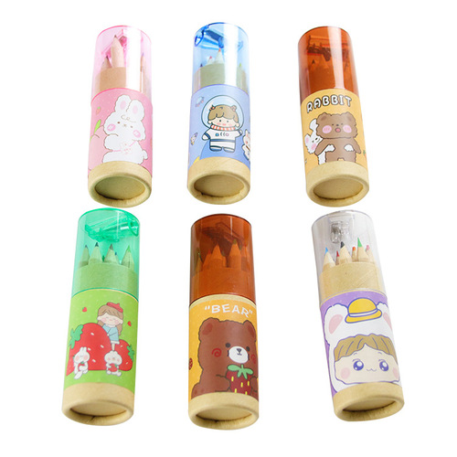 Cartoon Children's Color Pencils 12 Colors Painting Pens with Sharpener, Color Pencil Case Set Student Stationery Bamboo Pencils