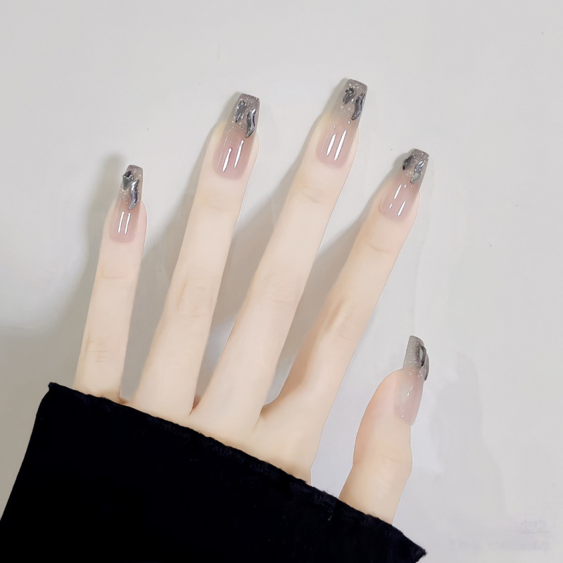 S296-预制甲穿戴甲成品条装满钻美甲片渐变灰假指甲贴片纯欲女神|undefined