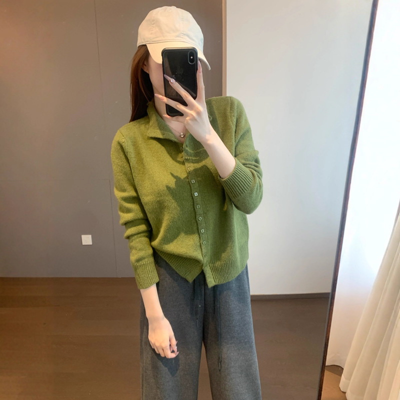 Korean Style 24-Count Wool and Rabbit Hair Blended Fluffy and Gentle Velvet Stand-Up Collar Square Button Knitted Cardigan