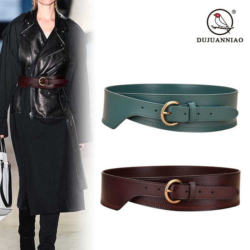Vintage Genuine Leather Waist Belt For Women, Wide Decorative Leather Belt For Sweaters And Trench Coats, Cowhide Waist Cincher - Thumbnail 3