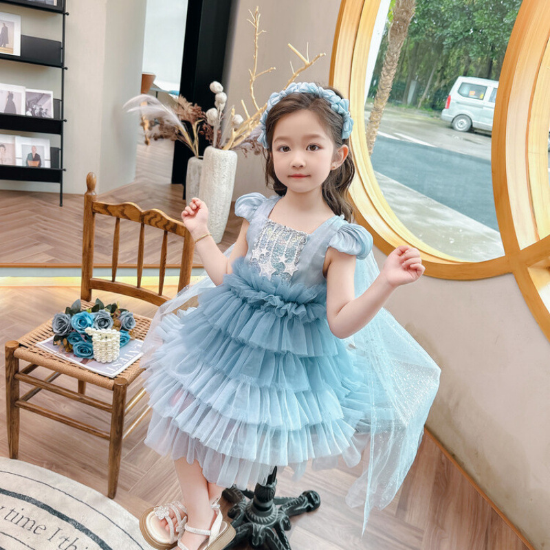Baby Girl Summer Ocean-Themed Elsa Princess Dress, Toddler Super Fairy Mesh Cake Elsa Puffy Dress Gown