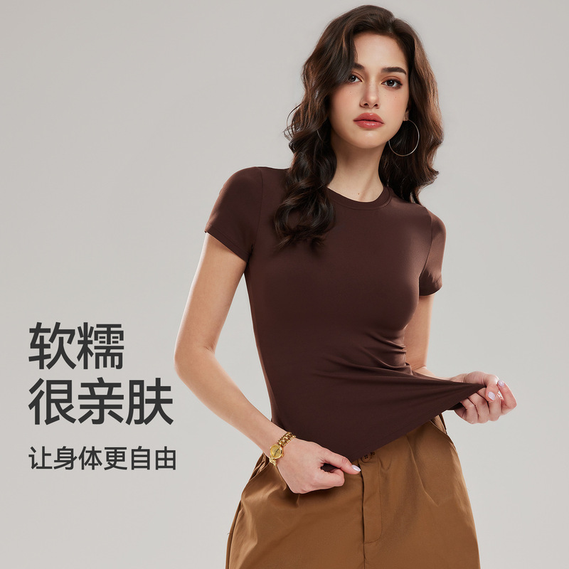 Cross-Border American-Style Solid Color Round Neck Short-Sleeve T-Shirt, Naked-Feel Quick-Dry Yoga Wear, Slim-Fit Fitness Top for Women