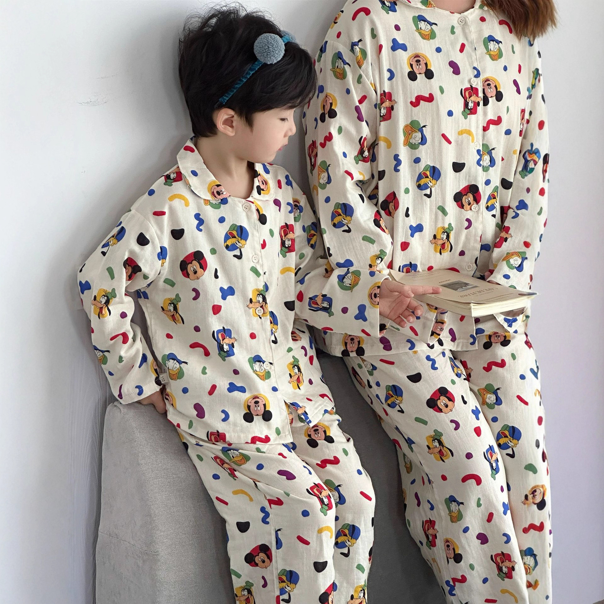 秋季儿童透气双层纱布睡衣A类中小童开衫长袖女童亲子男宝家居服