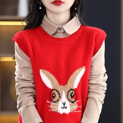 23新年款紅色兔子提花圓領無袖羊毛衫女眼鏡兔純羊毛馬甲寬松坎肩