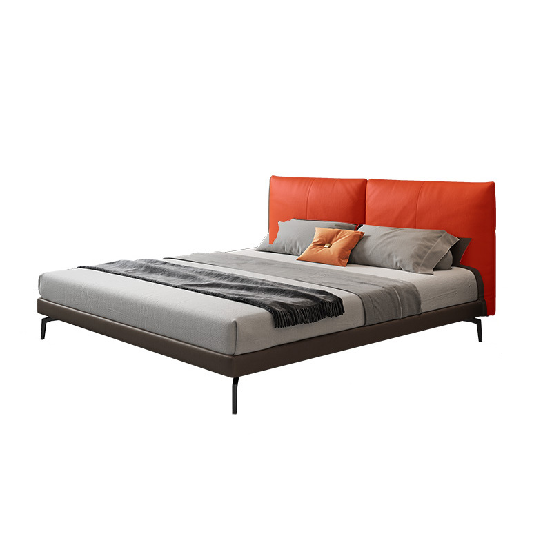 Cama de cuero minimalista italiana, cama doble de cuero de vaca, dormitorio principal, 1.8m, cama de borde simple moderna y pequeña.