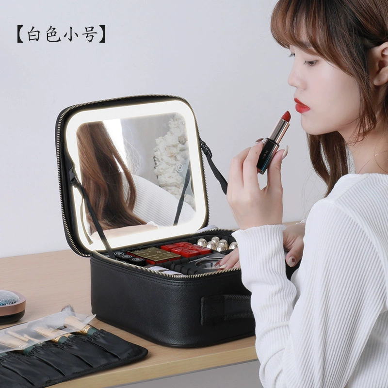 Table storage box with light, mirror, handheld cosmetic bag, purse, organizer bag