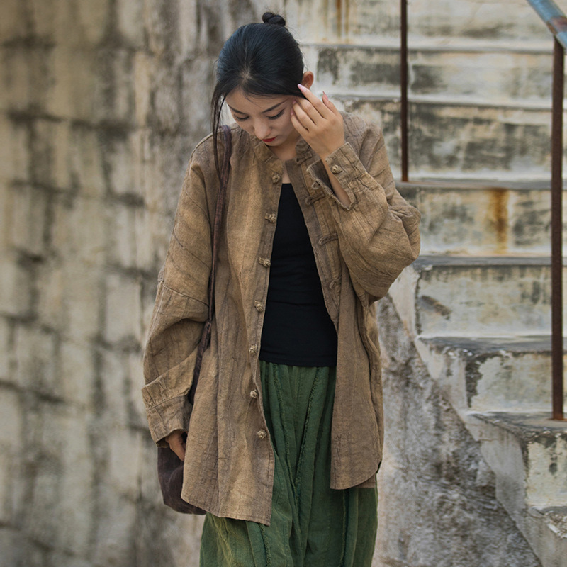 秋冬棉麻女装新款苎麻扎染做旧砂洗改良禅系茶服旅拍开衫女式外套