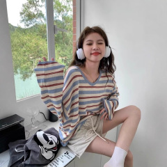 今年流行女装撞色条纹长袖T恤秋新款宽松百搭韩系慵懒松弛感上衣1
