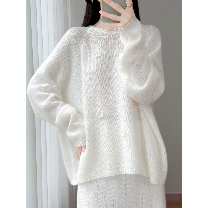 2026 Fall/Winter New Pure Wool Round Neck Knit Sweater Long Sleeve Women's Handmade Crochet Loose Wool Sweater Top 2026 Fall/Winter New Pure Wool Round Neck Knit Sweater Long Sleeve Women's Handmade Crochet Loose Wool Sweater Top