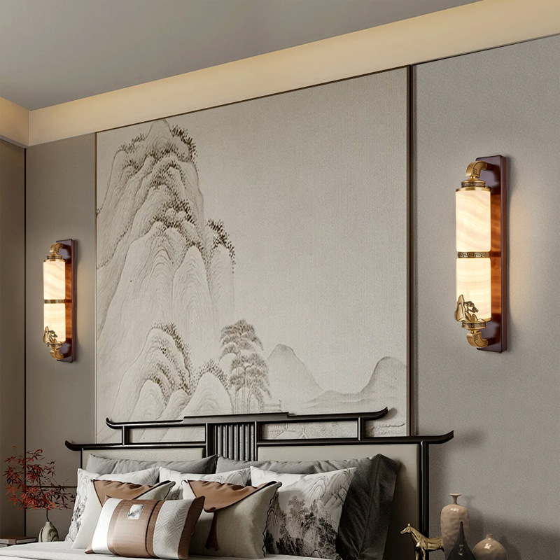 Nueva lámpara de pared de estilo chino lámpara de jade cubierta de cobre Villa de nuez Zen simple de lujo de alta calidad lámpara de atmósfera de luz 667L