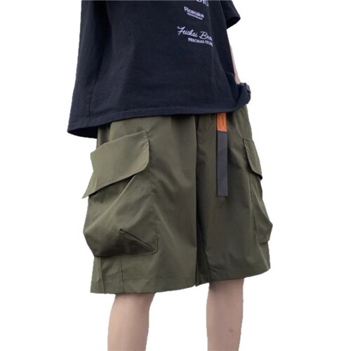 Functional solid color pocket work shorts, men's summer thin loose casual mid-pants, American teen quarter pants