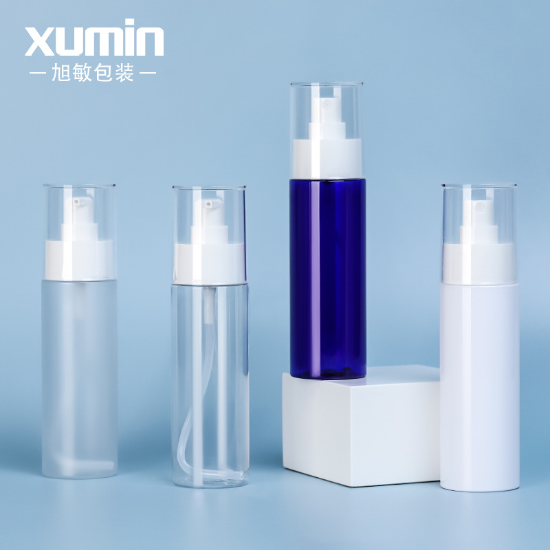 Xumin en stock al por mayor transparente botella de spray para mascotas 100ml botella de loción esmerilado cubierta completa blanco sub-botella de la bomba de presión