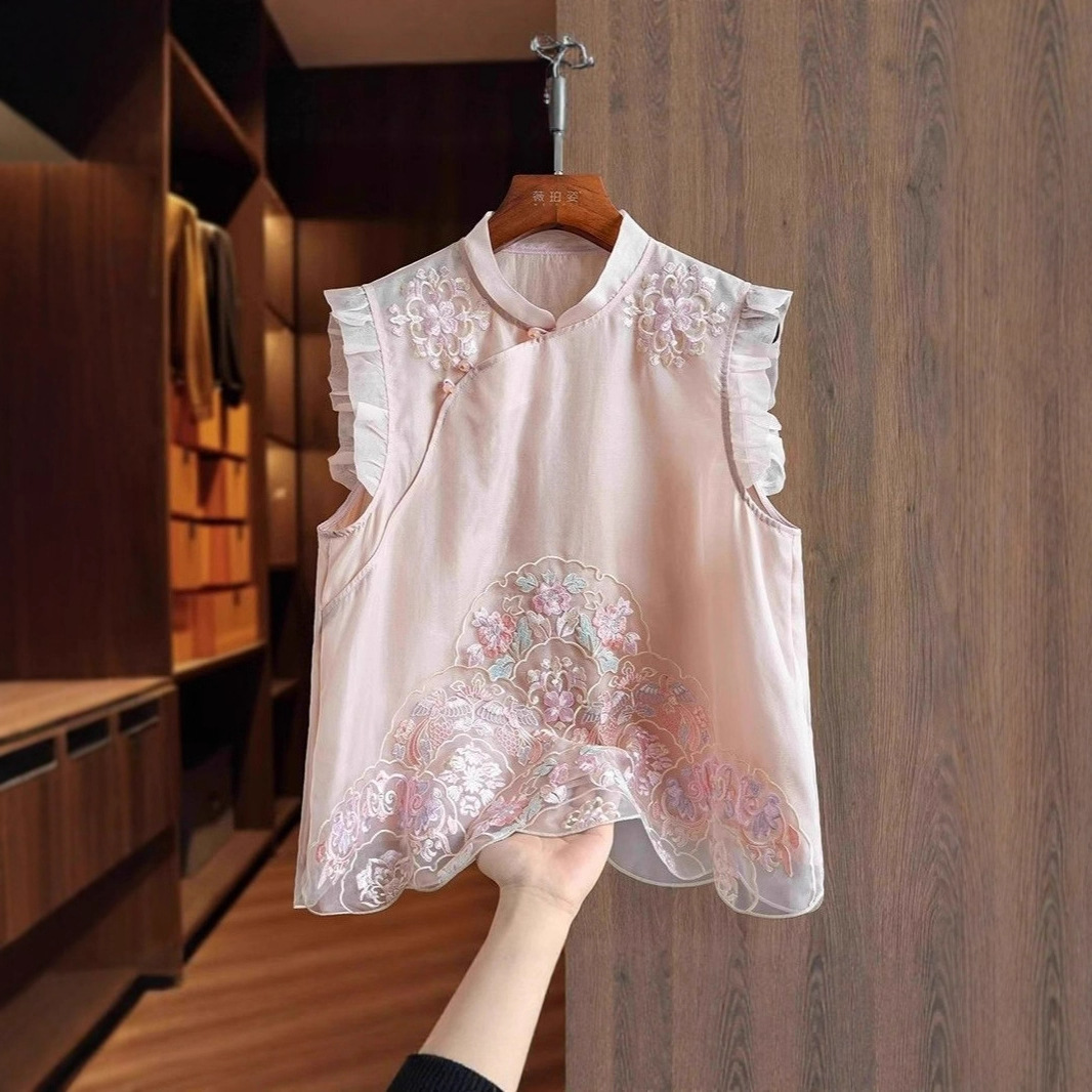 高端仿真丝欧根纱重工刺绣新中式马甲背心女中国风荷叶边无袖上衣