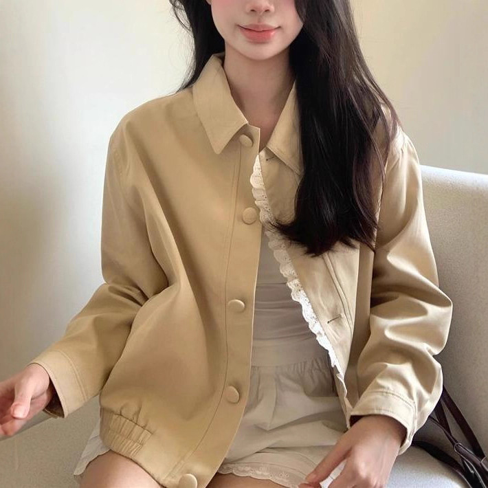 花边拼接翻领长袖夹克外套女2025春秋新款短款设计感棒球服上衣潮|undefined