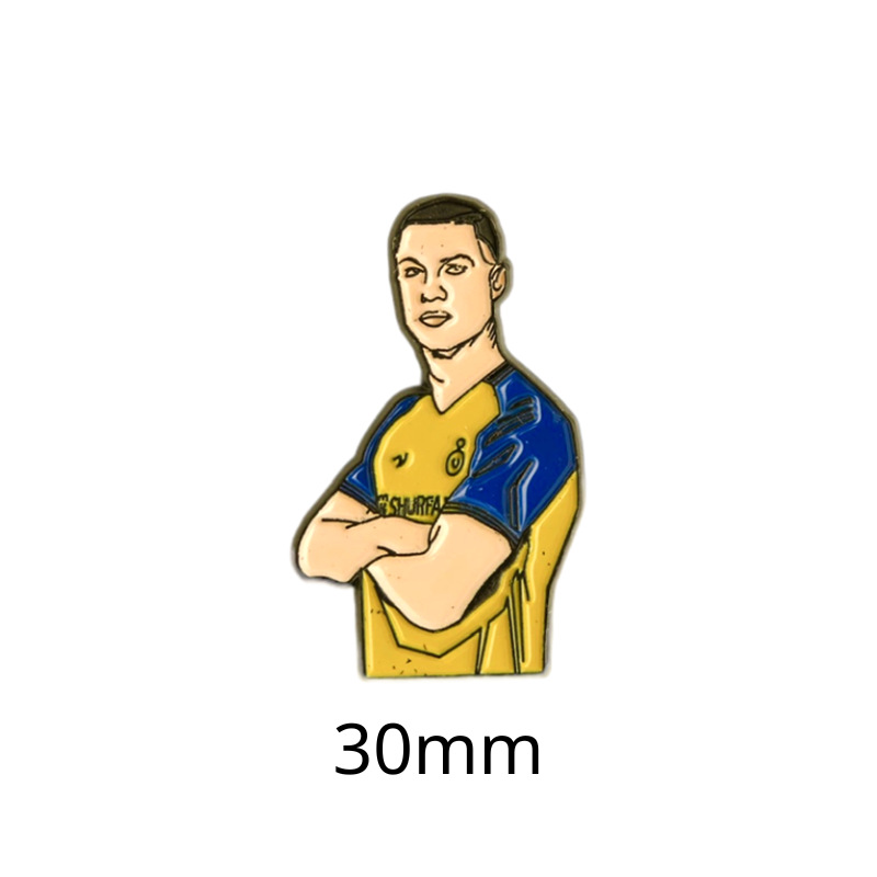 Fabricante personalizado Champions League World Cup Football Super Star Metal Insignia Imagen de dibujos animados Etiqueta del teléfono móvil Insignia Regalo