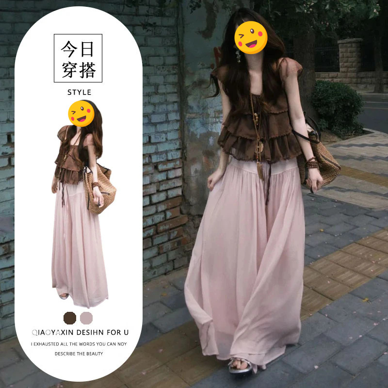 2026 Summer New Fashion Stylish Square-Neck Slim-Fit Top Pink Floor-Length Pants Sweet Japanese-Style Two-Piece Set Trendy