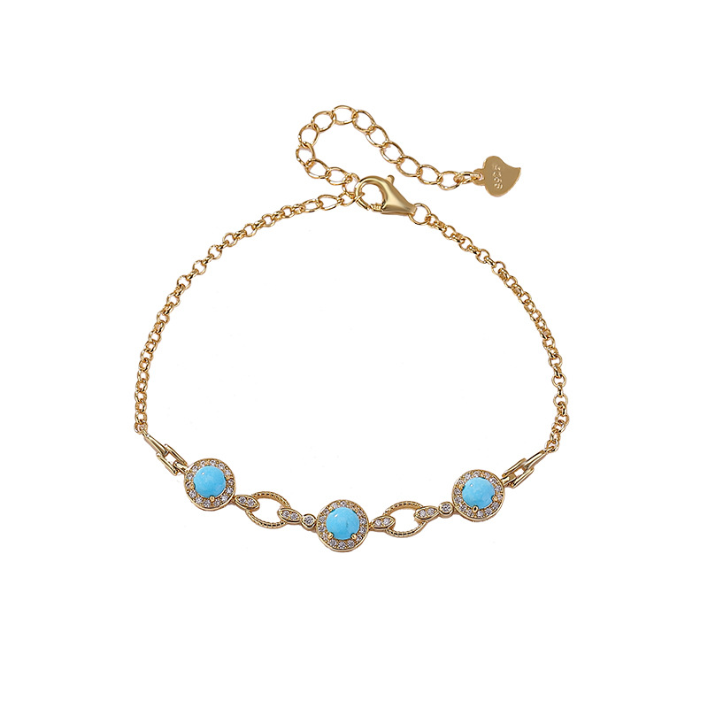 Vòng tay bạc S925 mạ vàng đá turquoise hình học — Loại bạc