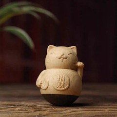 無垢材彫刻ヒノキロッキングオットル招き猫文武財神関公关二兄弟置物ハンドピース中国風置物
