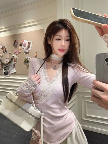 [270g Fleece] Lace-trimmed Cross V-neck Long-sleeved T-shirt for Women, Slim-fit Base Top, Apricot Color