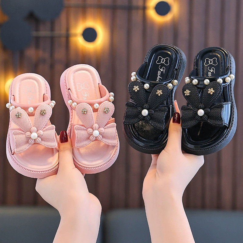 Детские тапочки летние милые Нескользящие тапочки с мягкой подошвой из мультфильмов интернет-знаменитостей, детские тапочки принцессы с бантом и жемчужными нитями