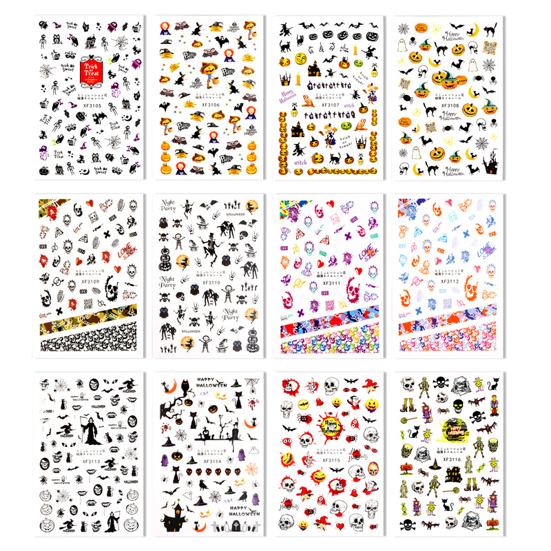 Transfronterizo especial de Halloween pegatinas de uñas traje de calabaza cráneo Transferencia de impresión pegatinas de uñas con adhesivo 12 piezas un conjunto