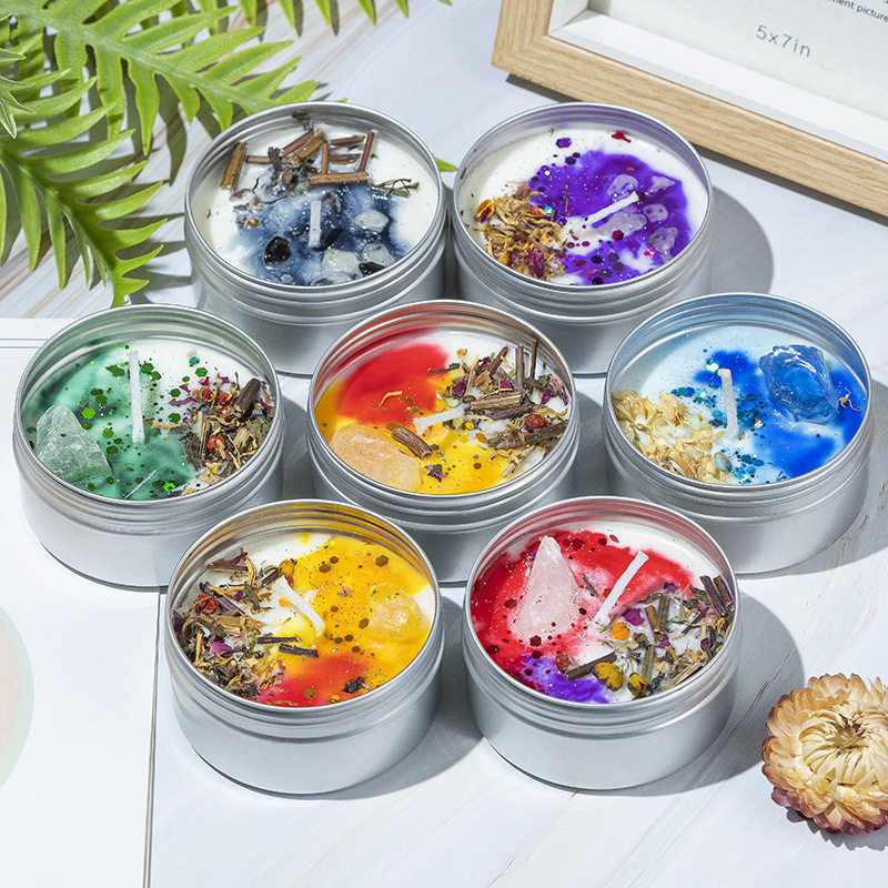 Caja de aluminio flor seca vela de perfume cross-border regalo de mano cera de soja colorido cristal hecho a mano regalo de mano cera de banano