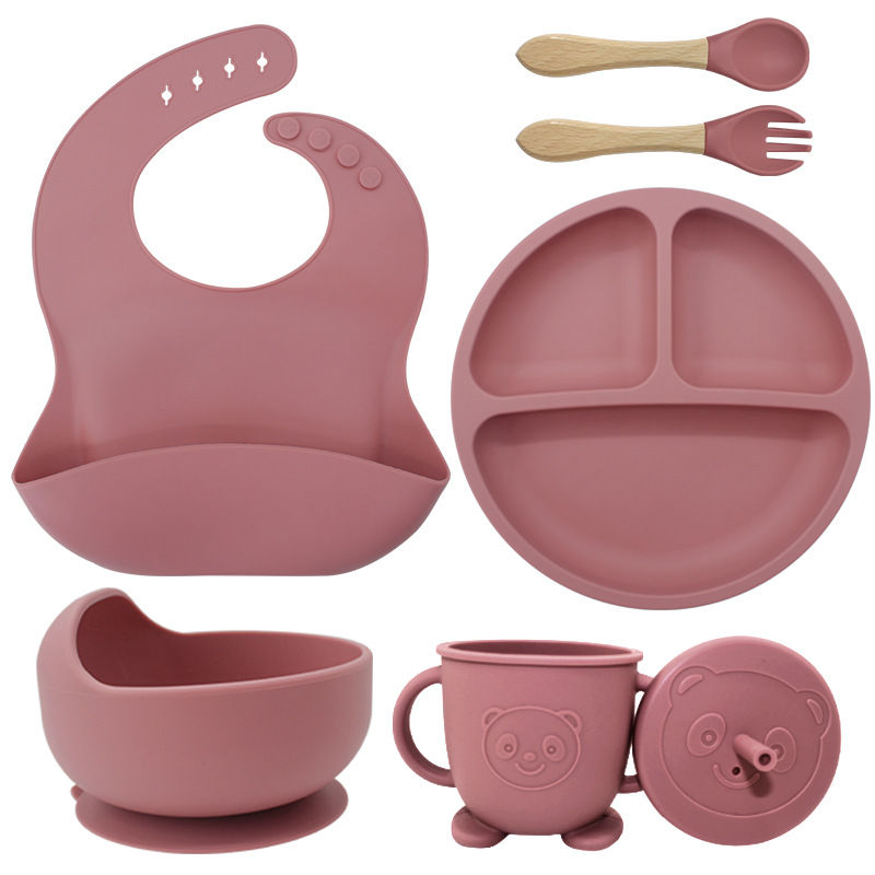 Vajilla de silicona para niños Juego de 6 piezas de silicona para bebés Tazón de alimentos complementarios separados Cuchara tenedor Taza para aprender a beber Juego de vajilla para madres y bebés