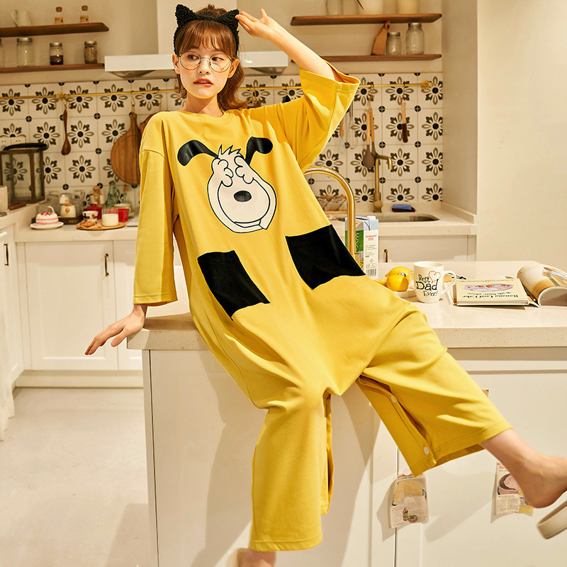 Autumn and Winter Pure Cotton Long-Sleeved One-Piece Pajamas, Loose Large Size Super Cute Cartoon Nightgown Pants That Can Be Worn Outside Maternity Home Clothes