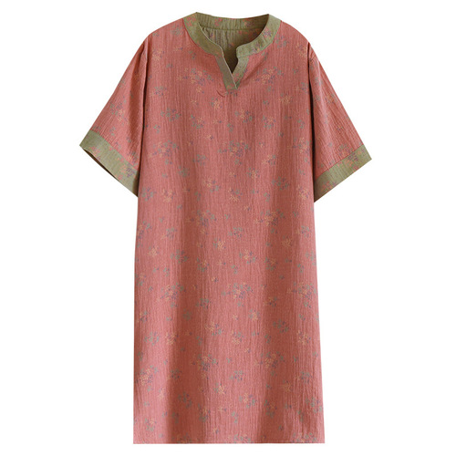 Short-sleeved V-neck skirt retro double-sided dyed woven girl summer national style dyed woven skirt mid-length home skirt 100% cotton can be worn outside