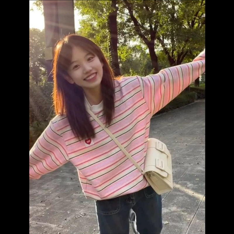 条纹设计感长袖宽松百搭情侣上衣慵懒风美式撞色休闲圆领打底衫潮|undefined
