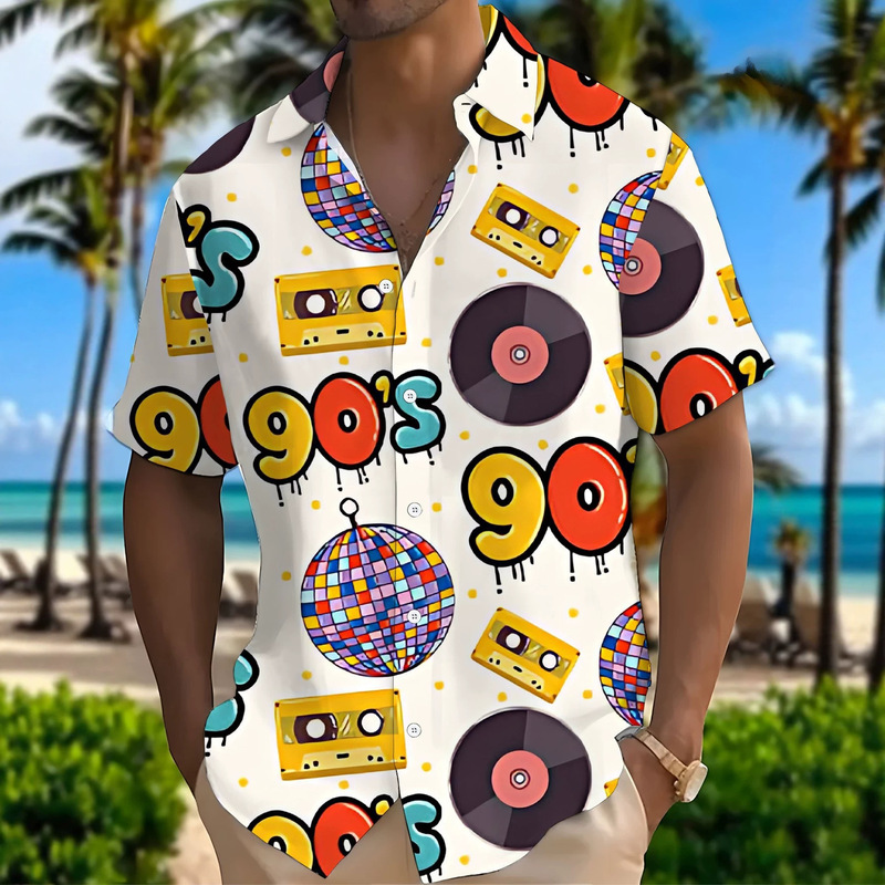 Summer Men's 90S Retro Short Sleeve Shirt with Disco Ball, Cassette Tape, and Vinyl Record Print Lapel Shirt