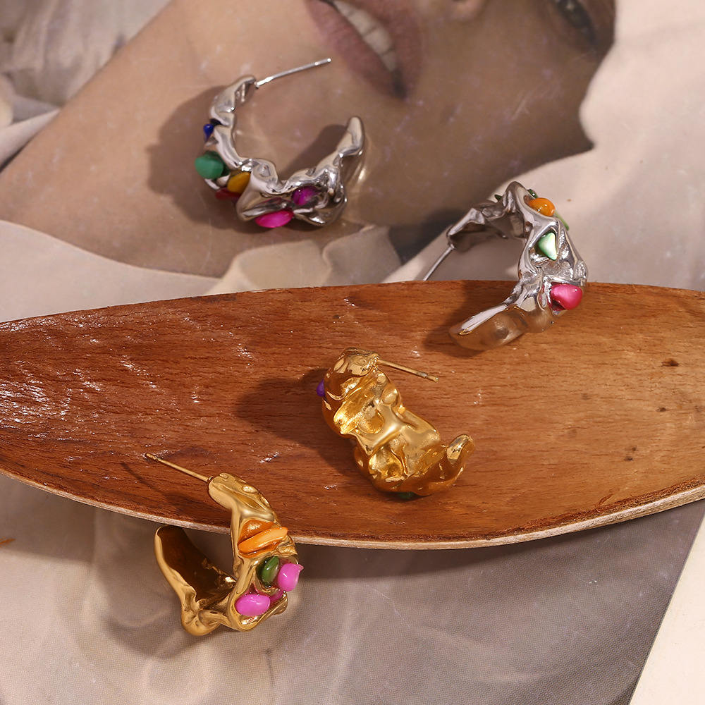 Stainless Steel Pleated Clay Stone Colored Earrings