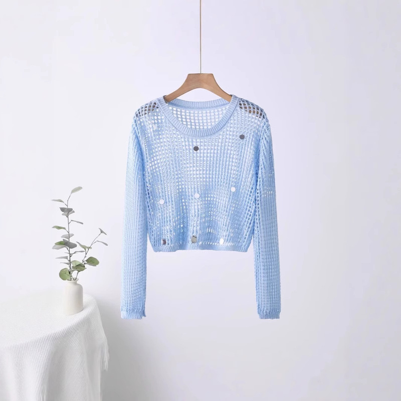 Hollow-Out Long-Sleeve Pullover Knit Top, Fresh Style, 2026 Spring/Summer New Sequin Outerwear, Short Fishnet Cover-Up for Women